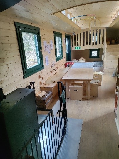 Reutti Gruppenraum mit Ofenstelle im Bauwagen